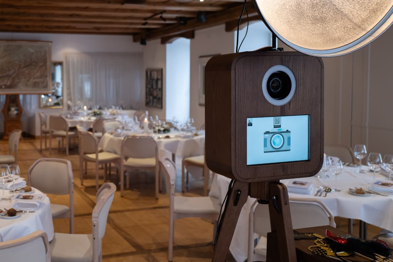 Photo booth in a decorated event hall