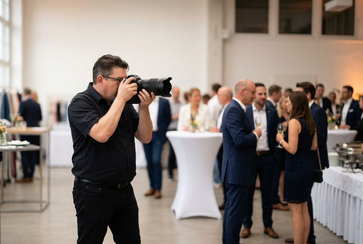 KI-generiertes Bild: Cornel Waser mit Kamera im Anschlag an einem Firmenanlass