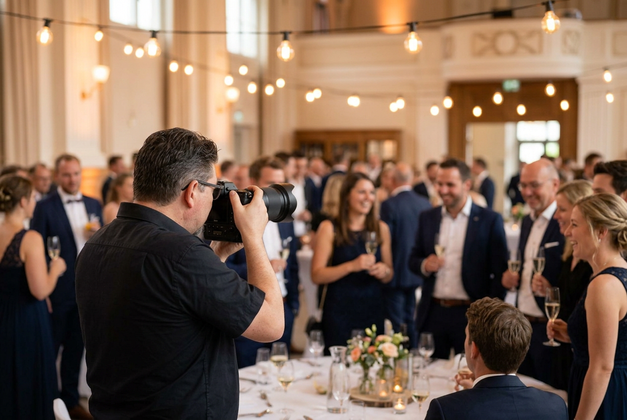 KI-generiertes Bild: Blick über die Schulter von Cornel Waser, der Gäste an einem Firmenanlass fotografiert